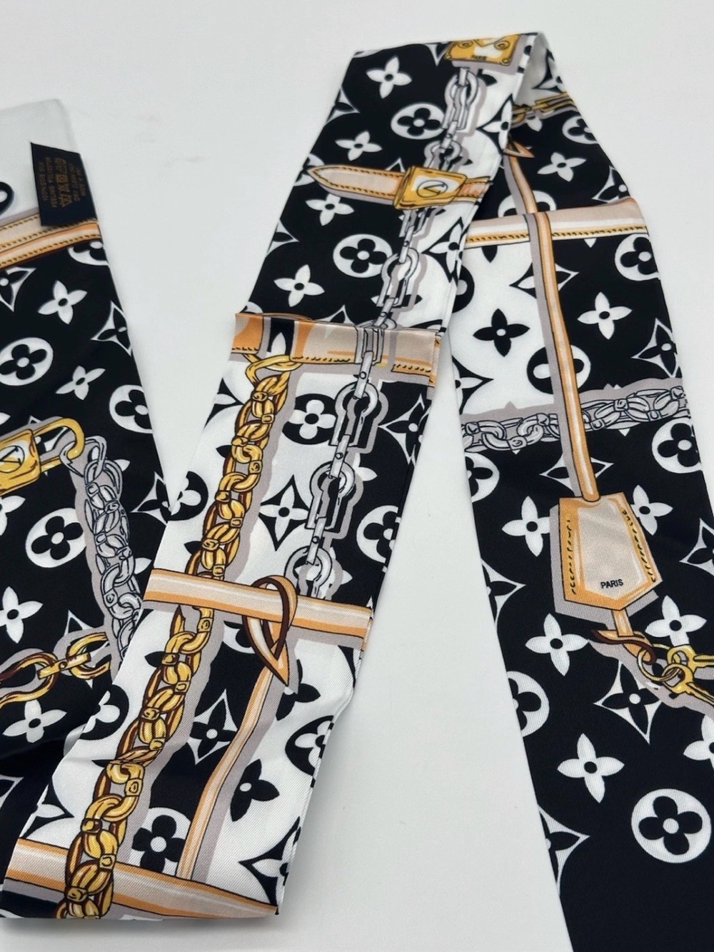 Black and White Twilly Chain Print Bag Scarf with Gold Accents
